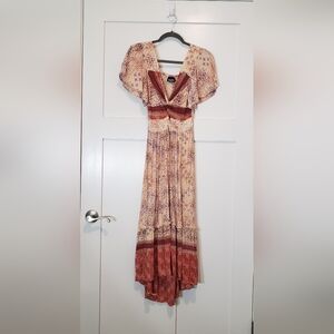 Angie Long Maxi Twist Front Dress Tiered Smocked Flutter Sleeve Medium Red Cream